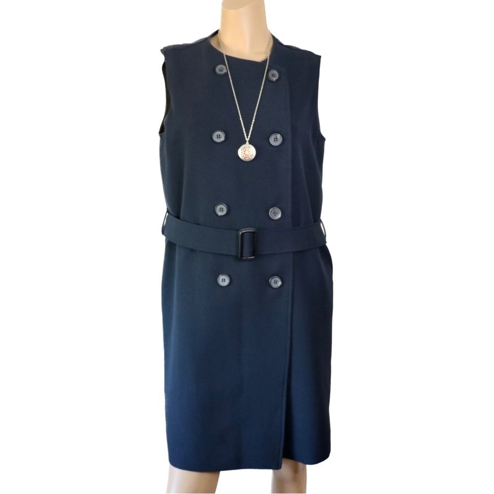 Double Breasted Belted Pinafore Dress Round Neck Navy Blue Size 8 Dark Academia
